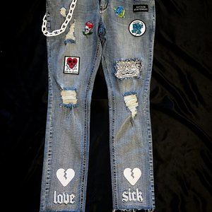 Love Sick Denim Jeans Bandana Patch Work